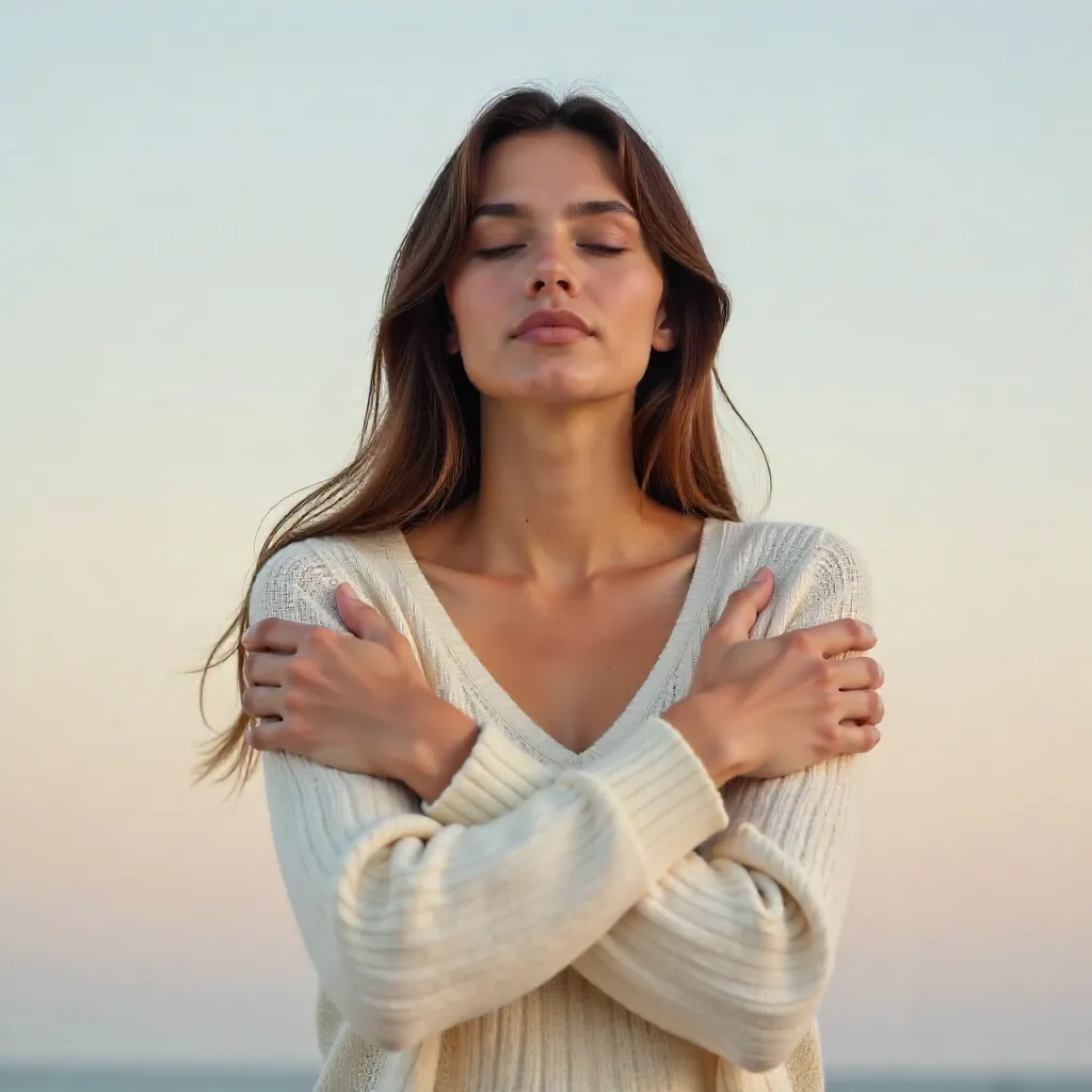 Self-Embrace: Serene Portrait Under Minimal Sky