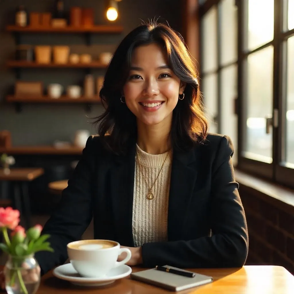 Stylish Asian Girl in a Photoreal Coffee Shop
