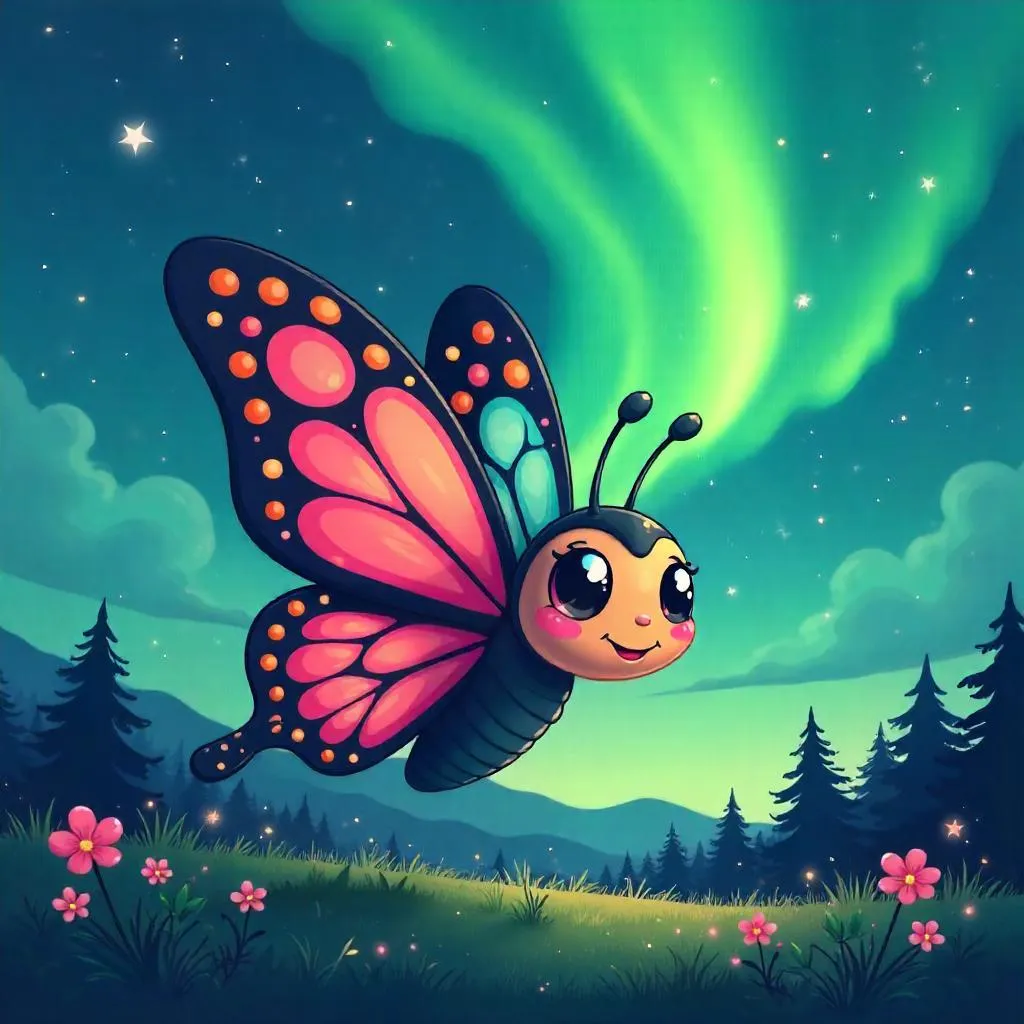 Aurora Butterfly: A Whimsical Cartoon Under Northern Lights