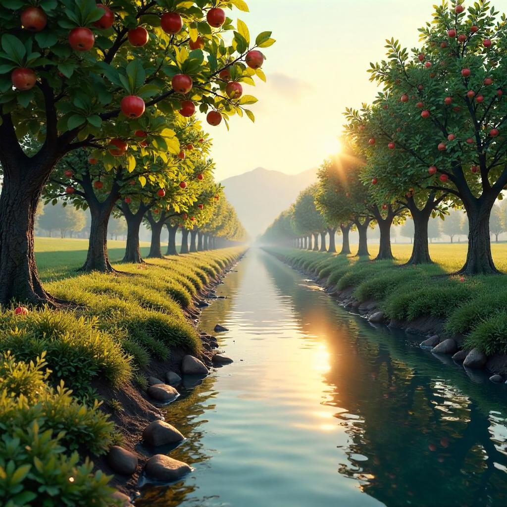 Golden Hour River Through an Orchard