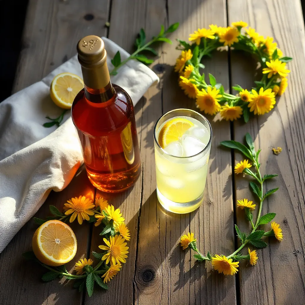 Rustic Flat Lay: Wine, Lemonade, Floral Rings