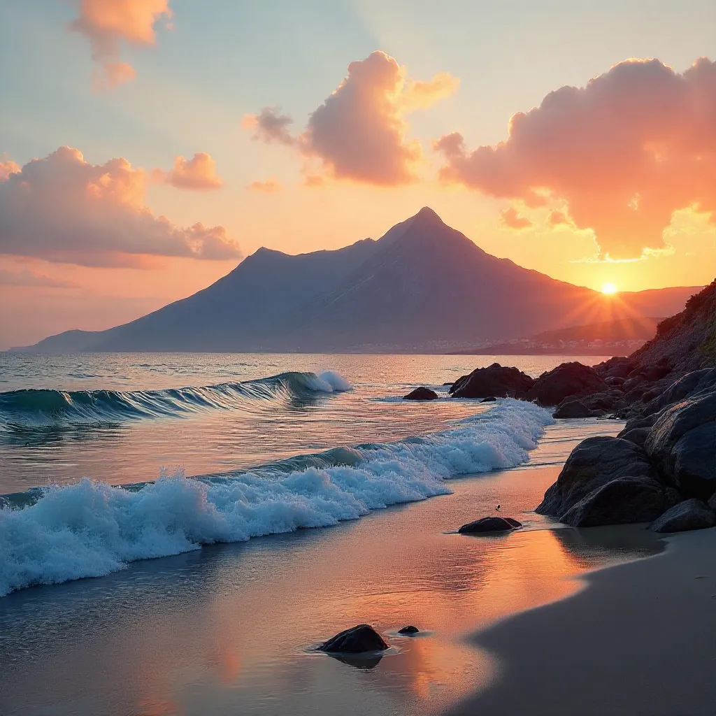 Sunset Serenity: Ocean Waves and Mountain Backdrop
