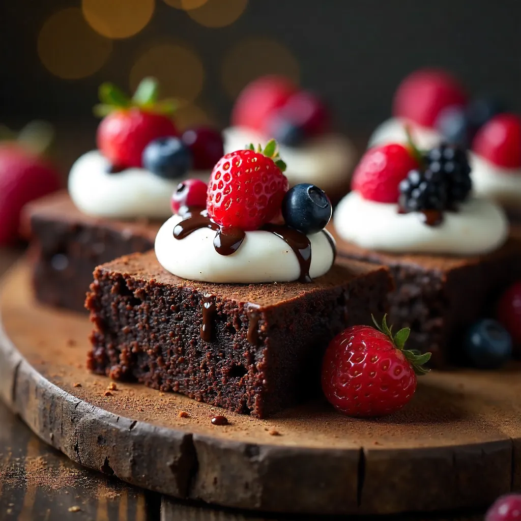 Mouthwatering Chocolate Brownies with Berries and Whipped Cream