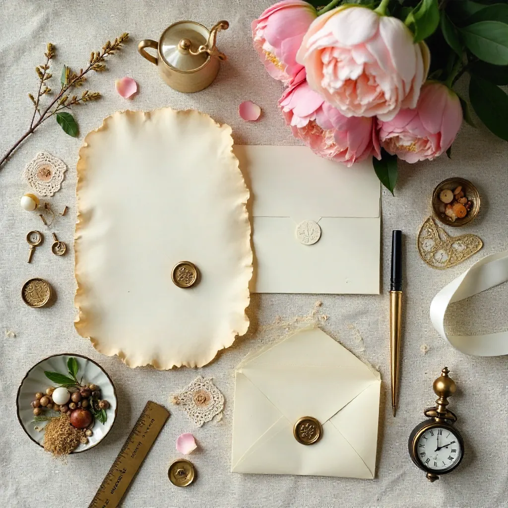 Timeless Vintage Stationery with Peonies Flat Lay