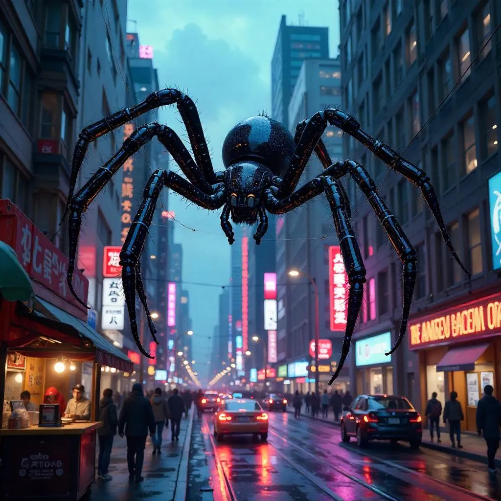 Neon Spider Looms Over a Bustling City Street