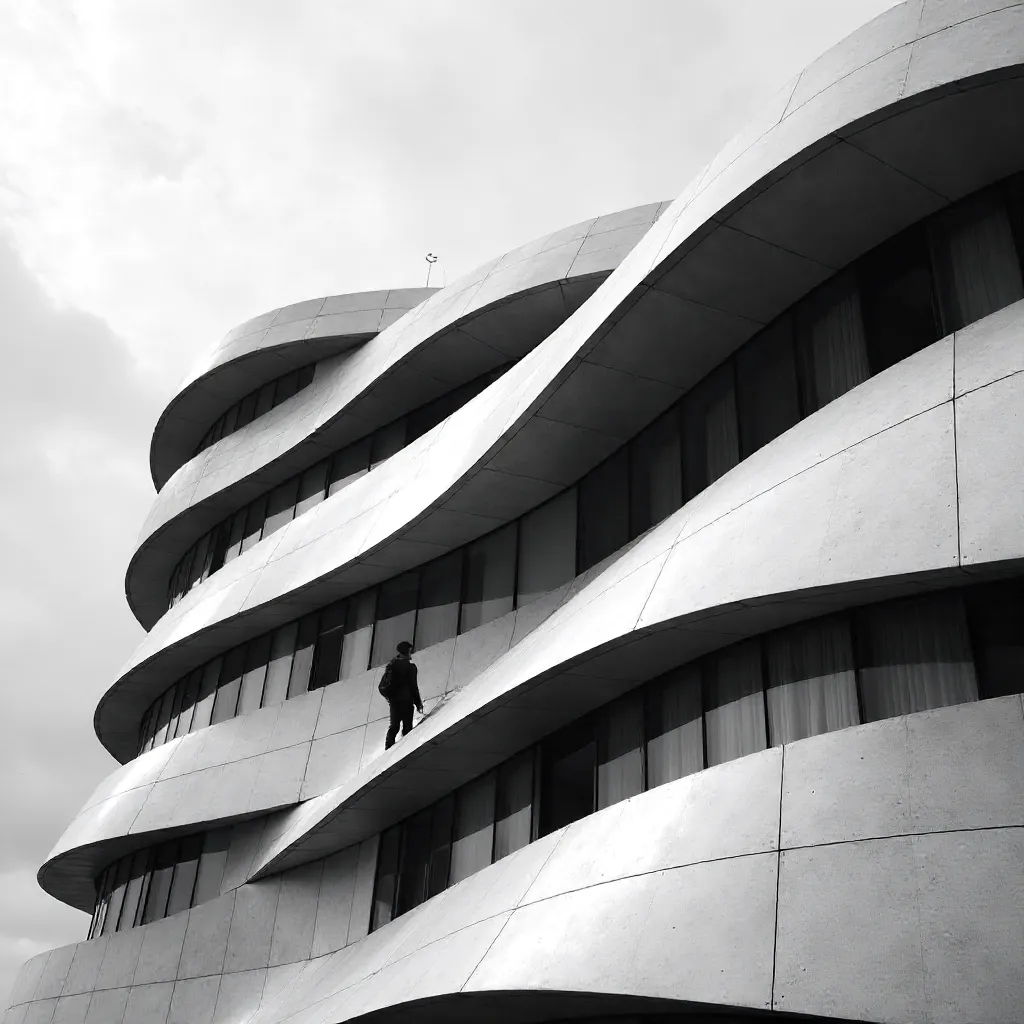 Wave-like Building Facade with Balcony in Monochrome