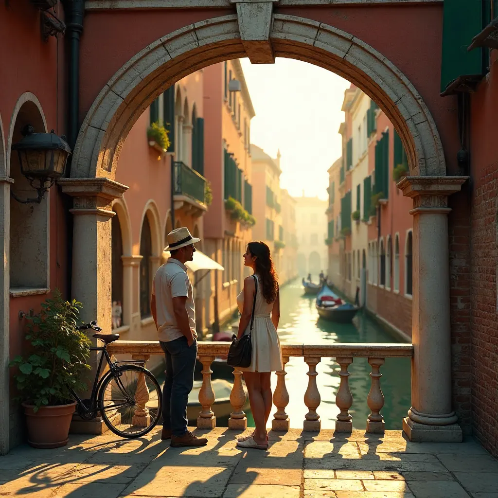 Casual Conversation Beneath a Venetian Arch at Dusk