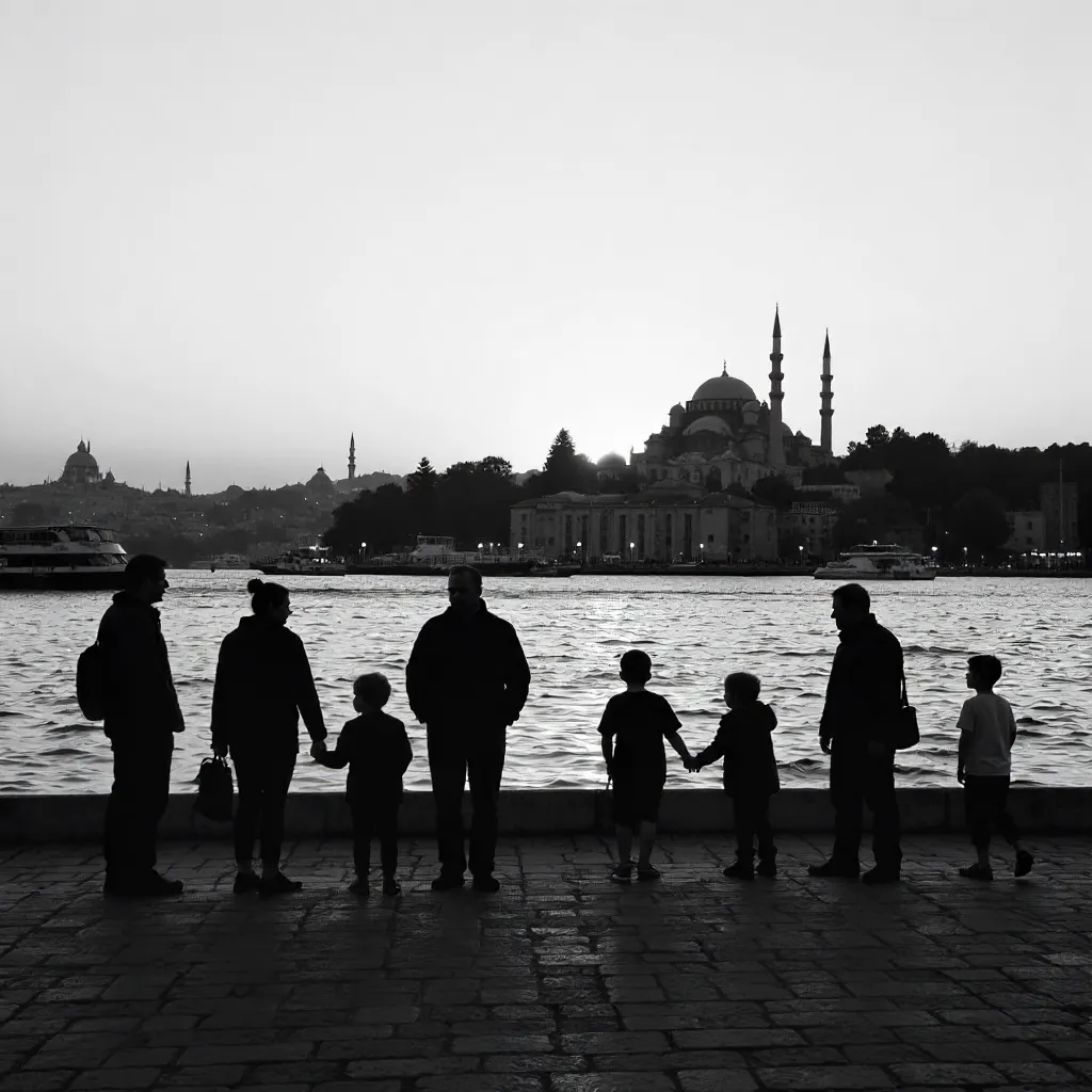 Silhouetted Figures with Istanbul Skyline in Black and White