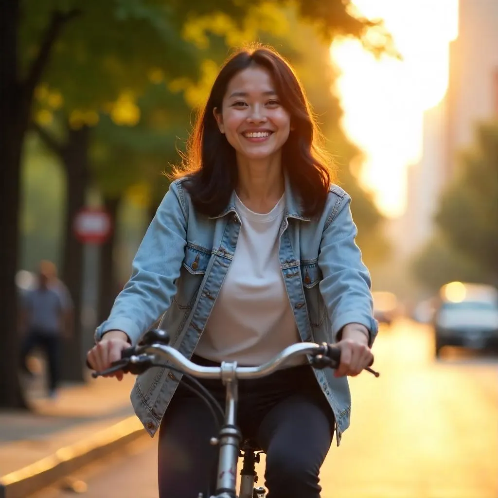 Golden Hour Bicycle Ride: Photorealistic Asian Woman