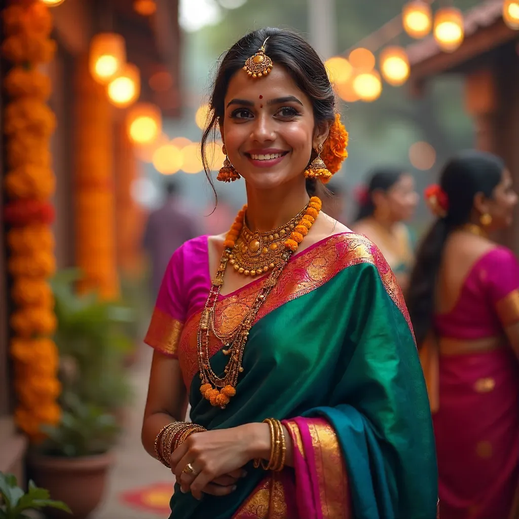 Joyful Saree Celebration with Marigold Jewelry