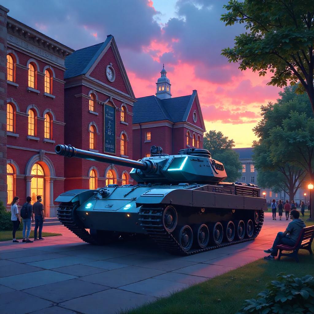 Tank in the University Quad: Neon Digital Art