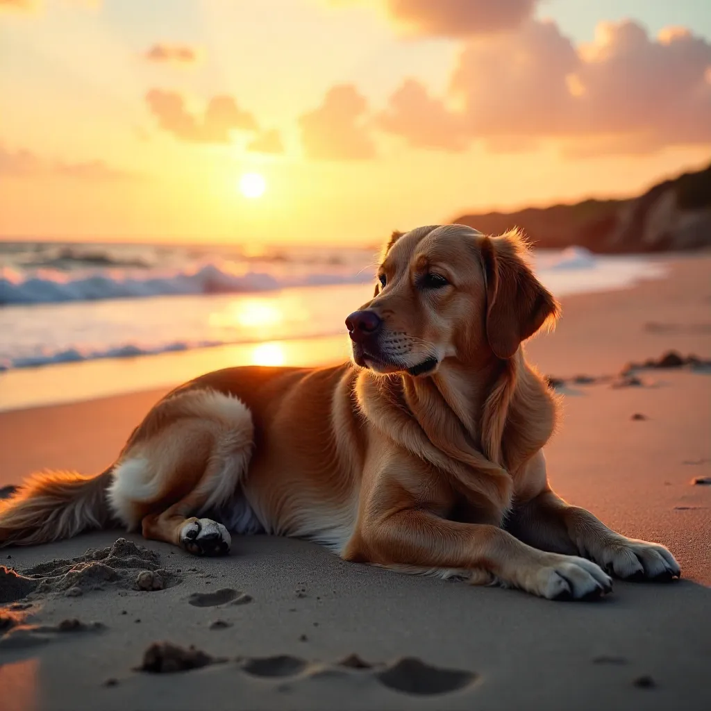 Golden Retriever at Sunset on a Tranquil Beach