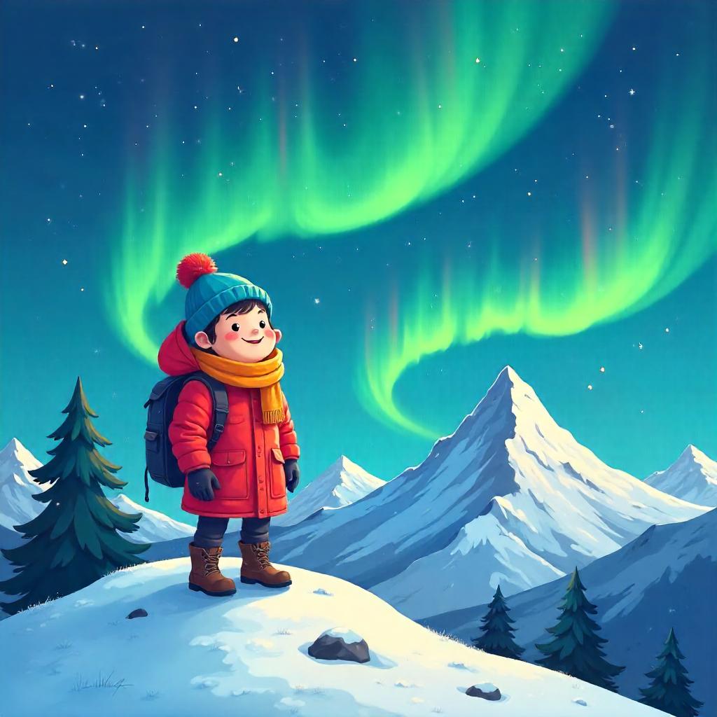 Aurora on a Whimsical Snowy Summit