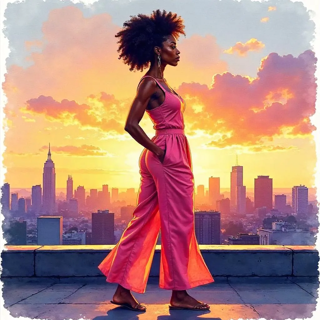 Confident Black Woman on a Rooftop in Watercolor