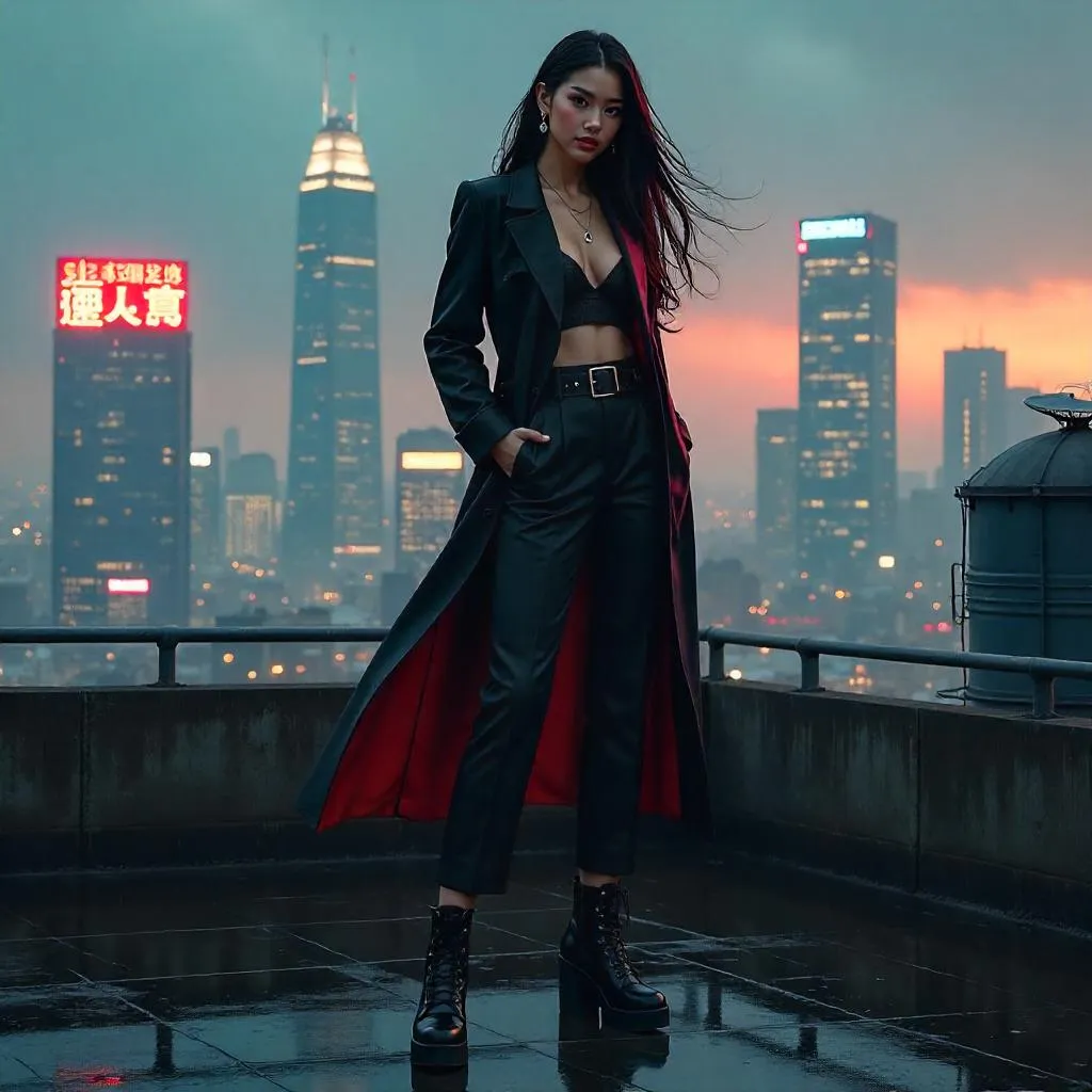 Rooftop Couture: Asian Woman in Neon Night