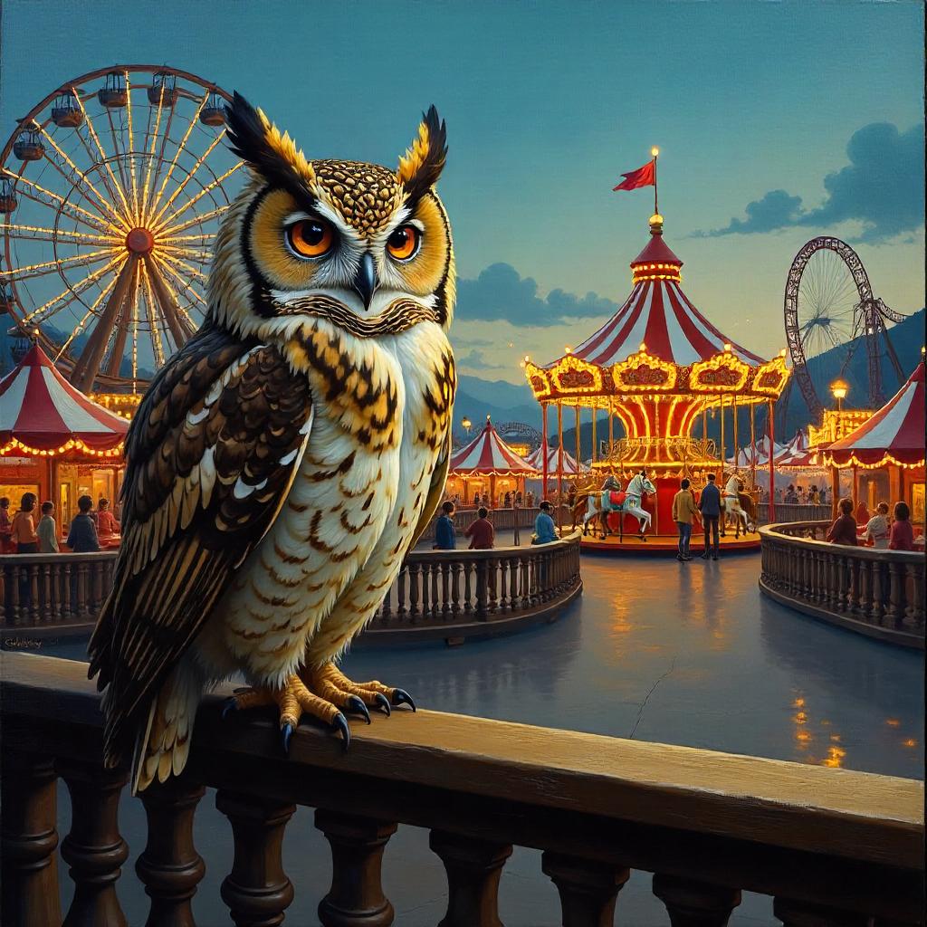 Owl in an Amusement Park: An Oil Painting