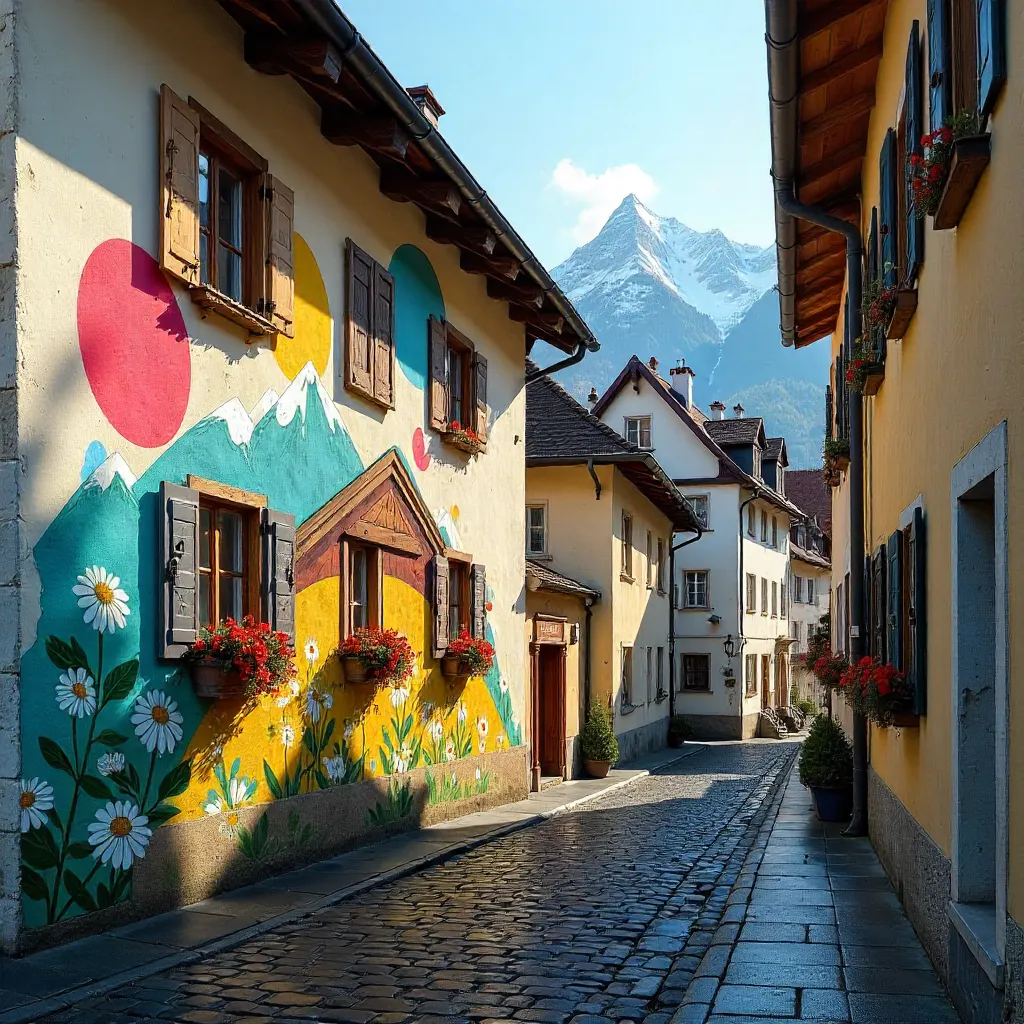 Vibrant Mural on a Swiss Alley Facade