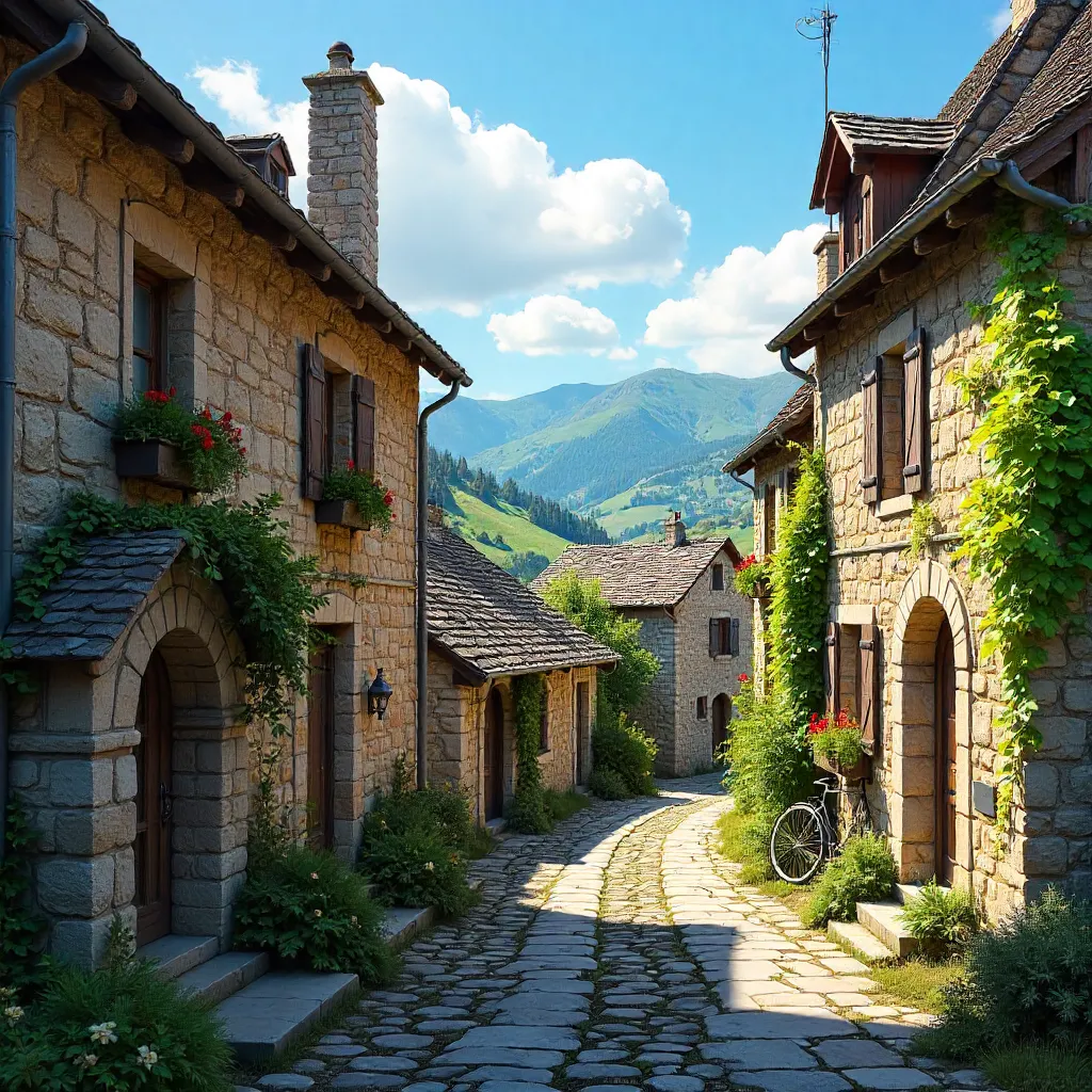 Rustic Stone Village Under a Bright Blue Sky, Auvergne