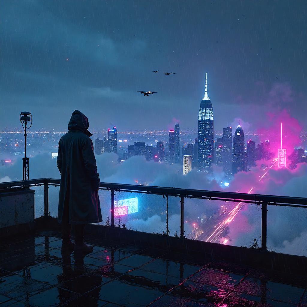 Neon Constellations Over a Cyberpunk Rooftop