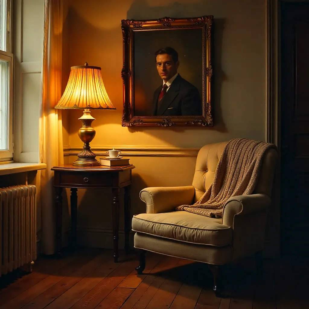 Cozy Corner: Vintage Lamp Glow and Framed Artwork