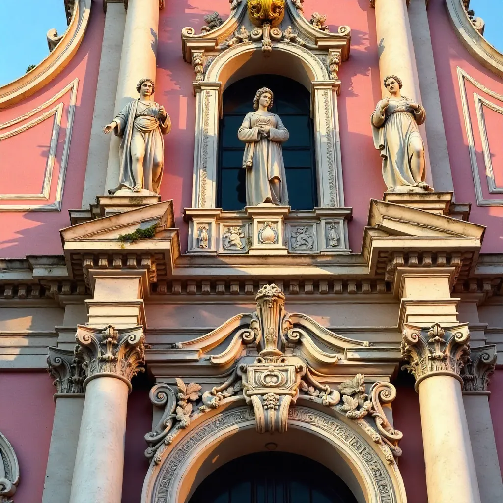 Pink Baroque Church Facade: Ornate Close-Up