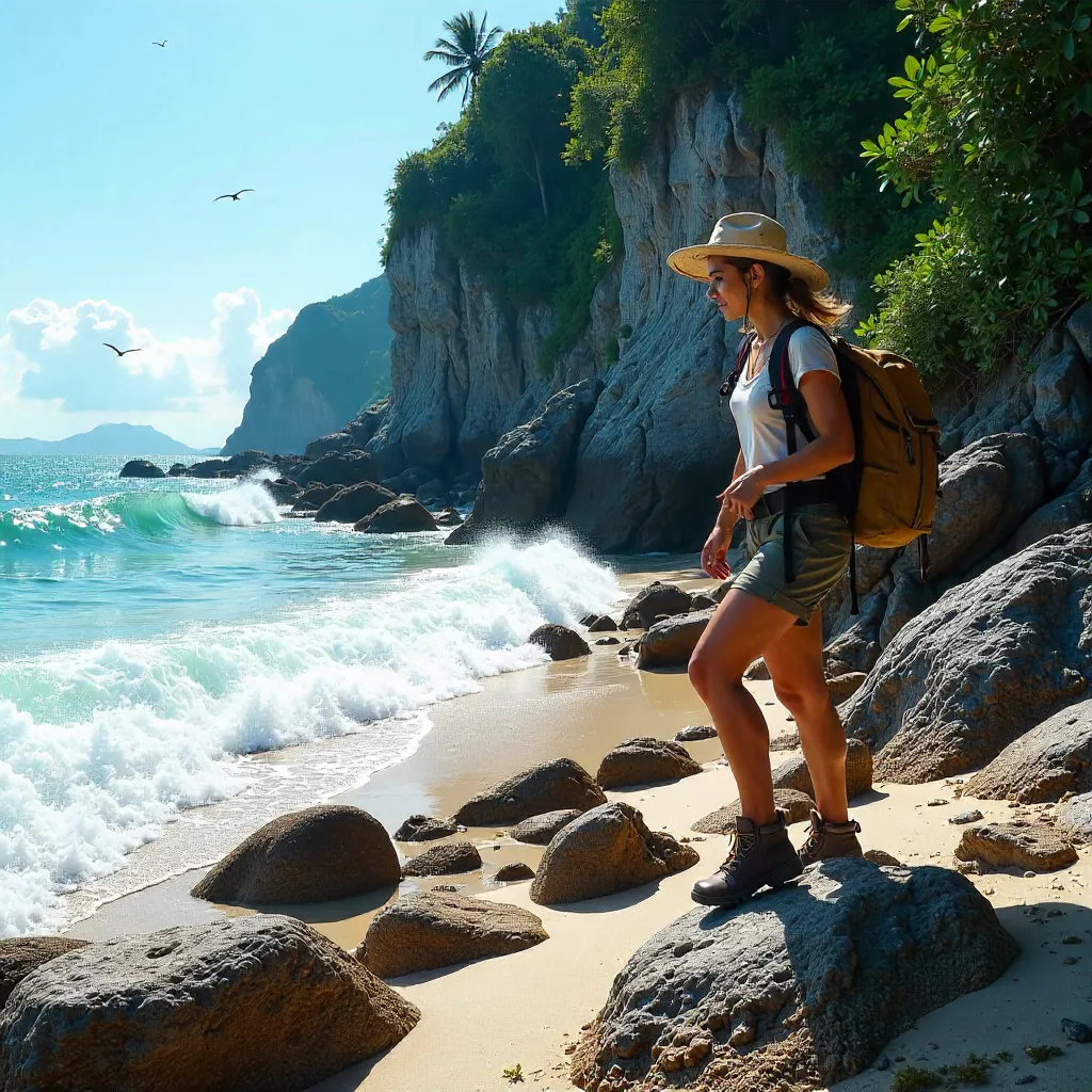 Adventurer Woman on Lampung's Rocky Coastline