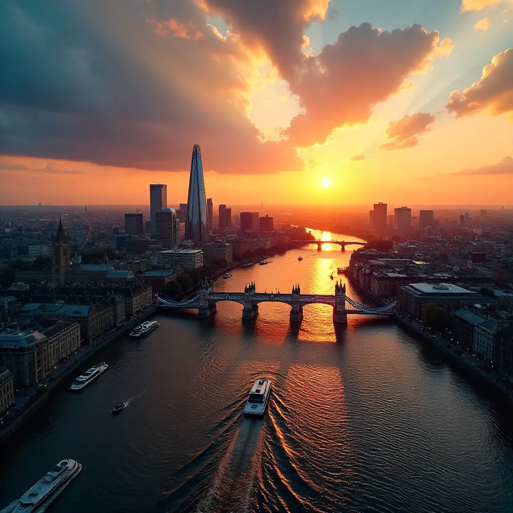 Golden Hour Aerial: London Skyline over the Thames