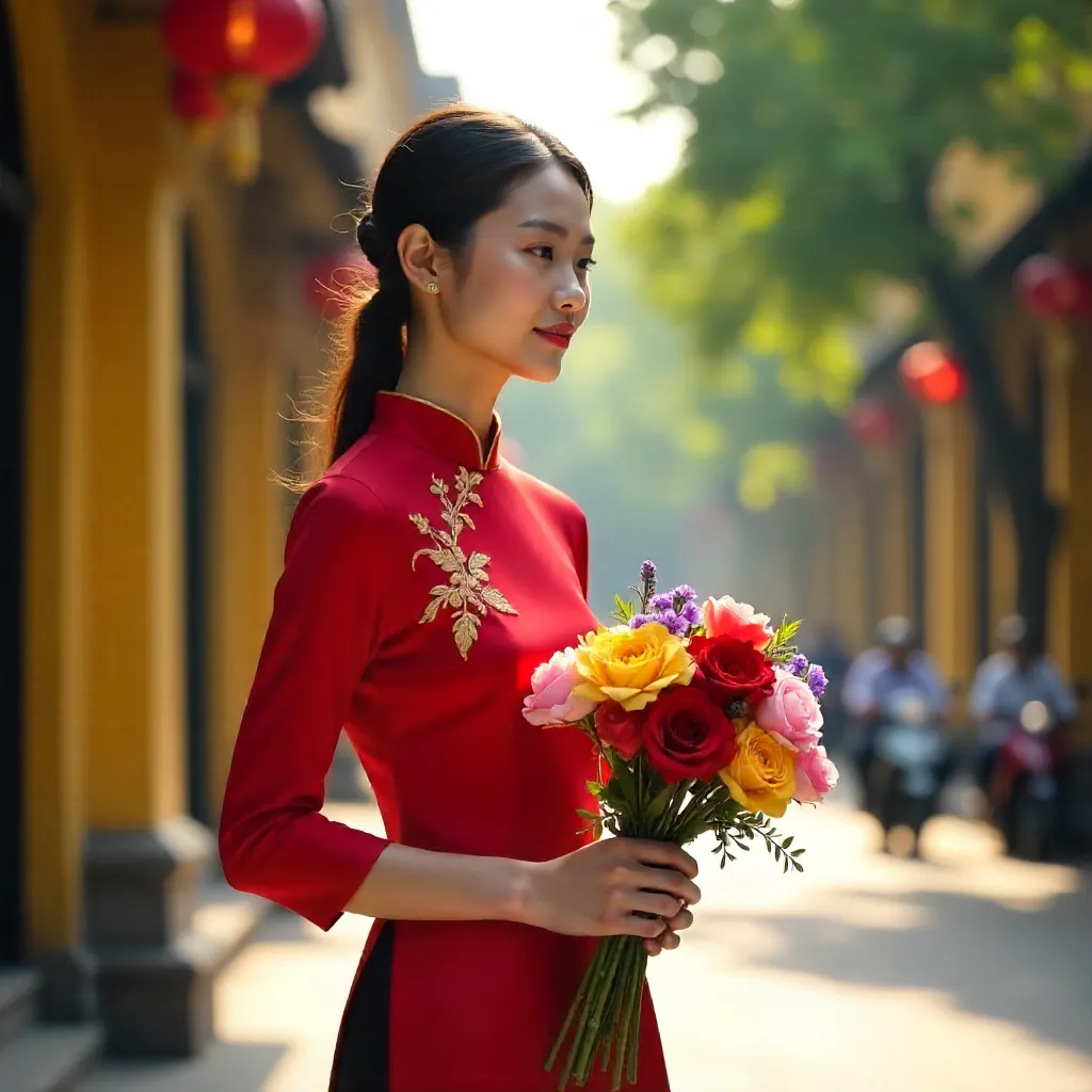 Hanoi Ao Dai Woman with Colorful Bouquet