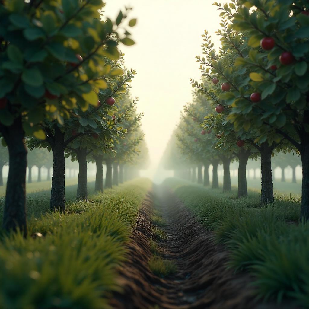 Foggy 3D Orchard Morning