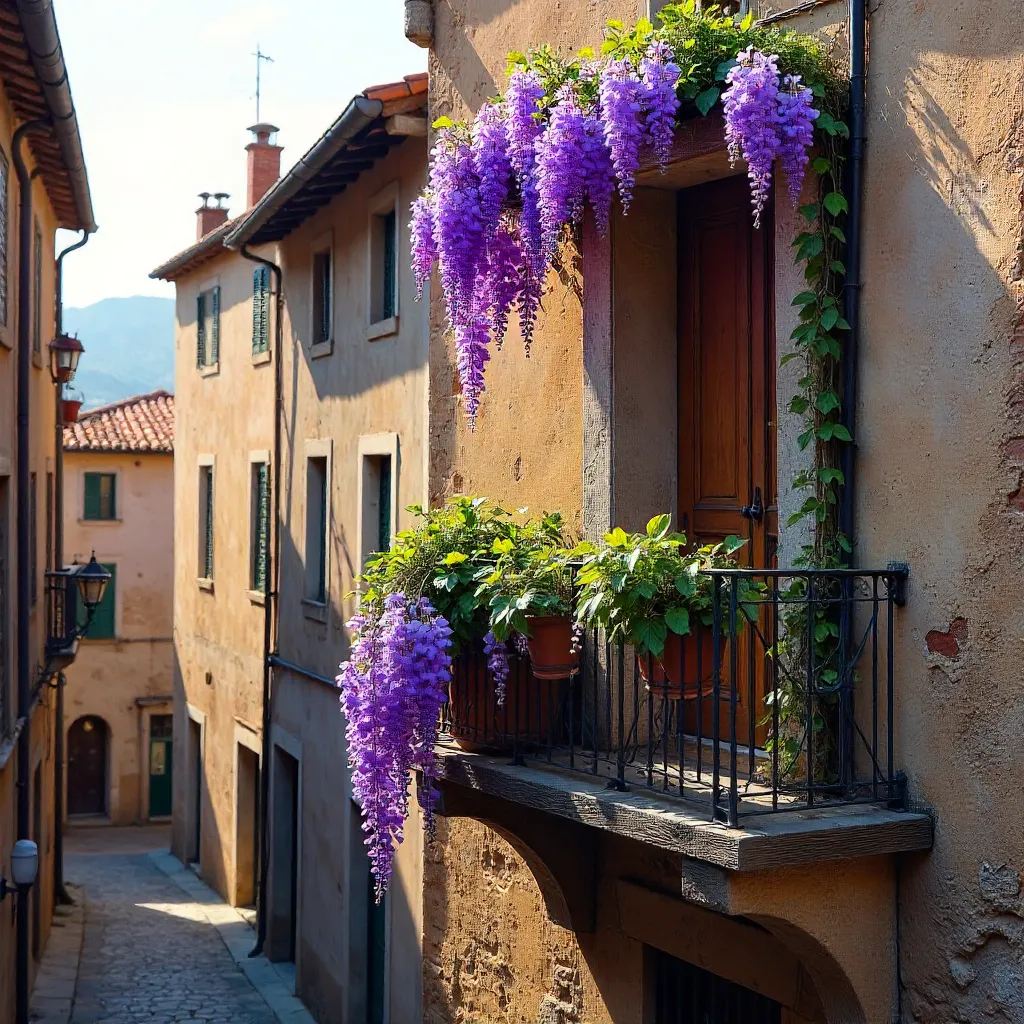 Balcony in Bloom: Wisteria on Rustic Wall