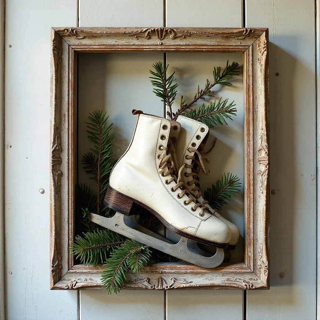Old Ice Skates Framed on Rustic White Wall