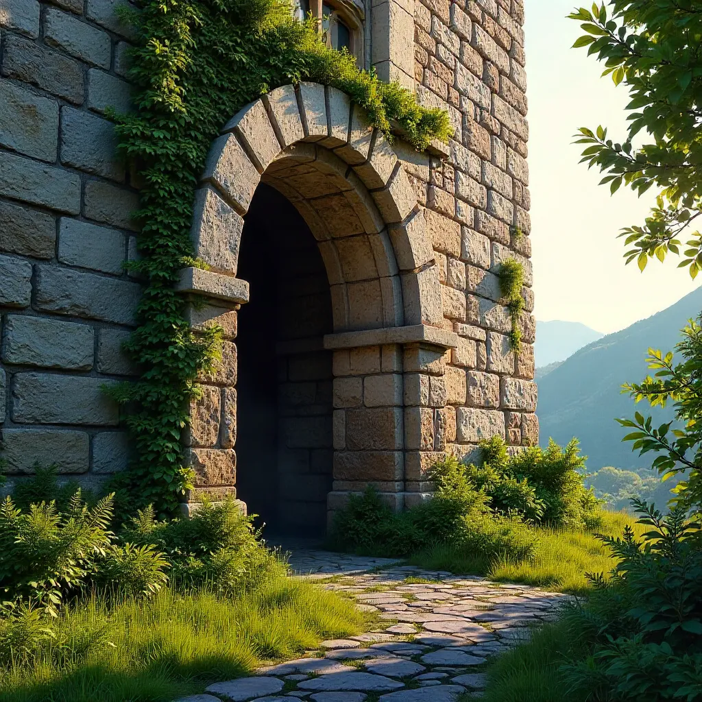 Historic Castle Wall with Arched Entry and Lush Greenery