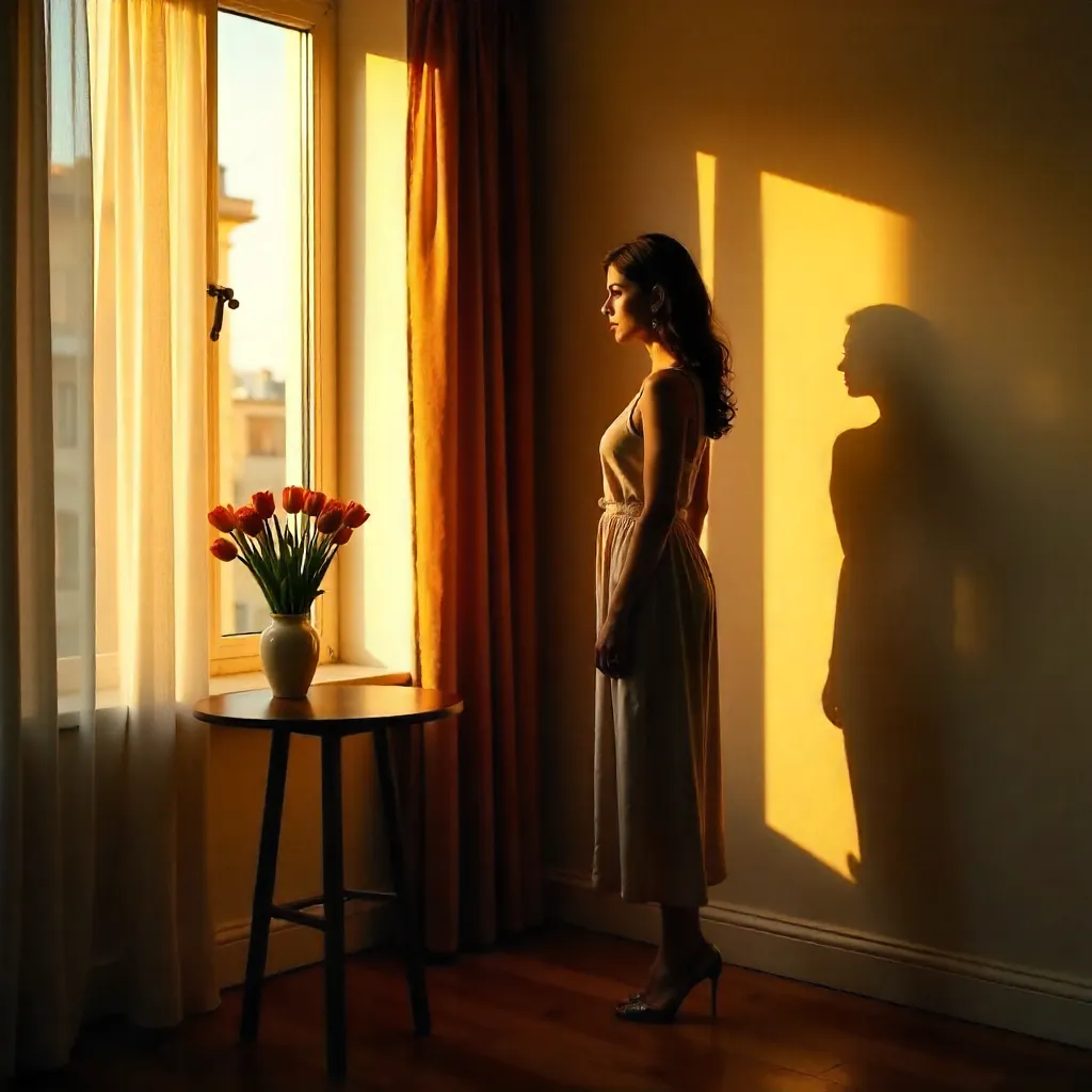Golden Hour Silhouette with Tulips and Shadows