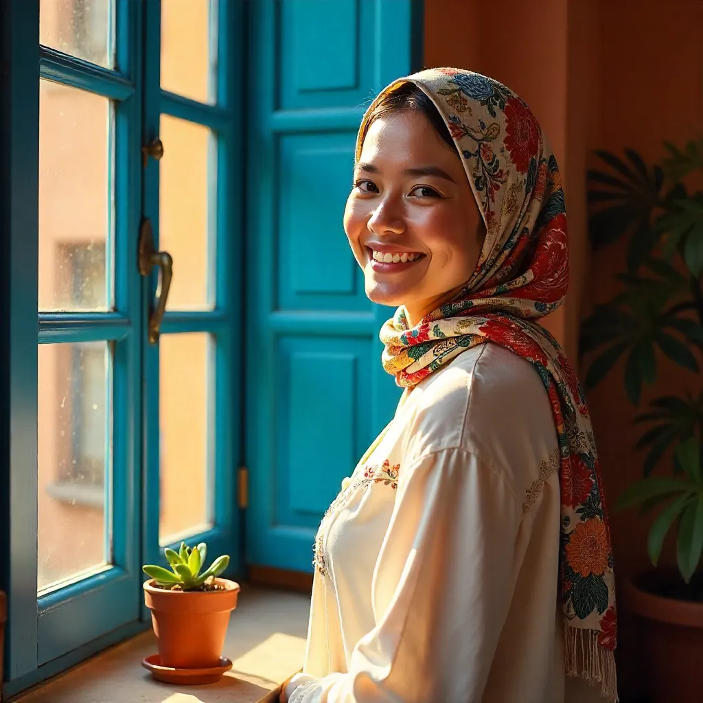 Cheerful Woman in a Headscarf by a Vibrant Blue Window
