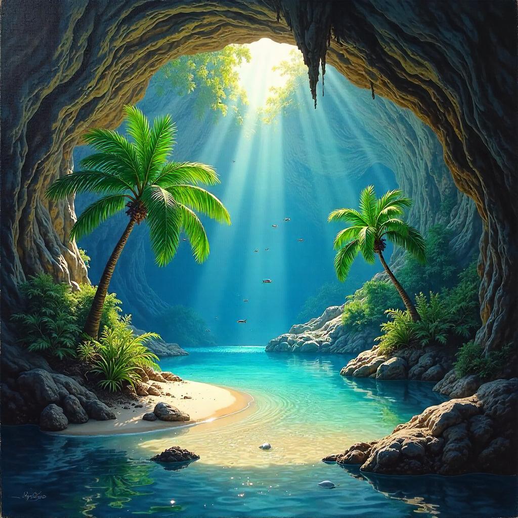 Oasis Within an Underwater Cave Oil Painting