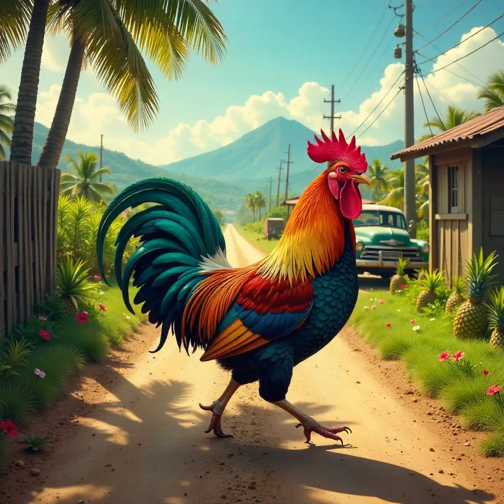 Vibrant Rooster on a Hawaiian Rural Road