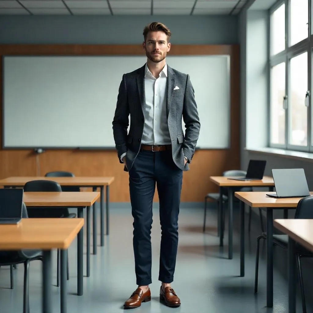 Stylish White Man in a 3D Classroom Scene