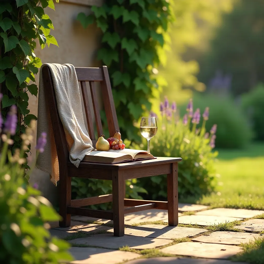 Sunlit Outdoor Chair with Book, Wine, and Fruit