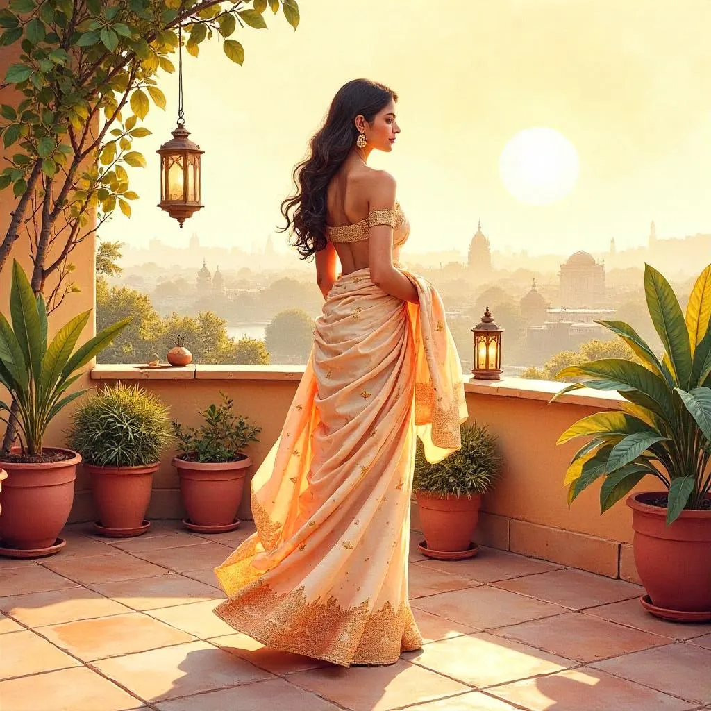 Watercolor Rooftop Portrait of an Indian Woman at Sunset