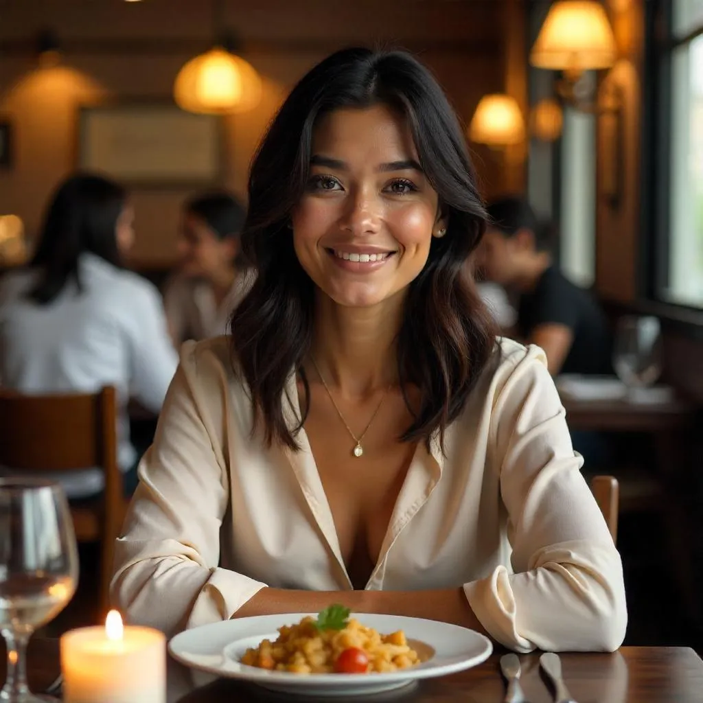 Photorealistic Latina Woman Dining in a Restaurant