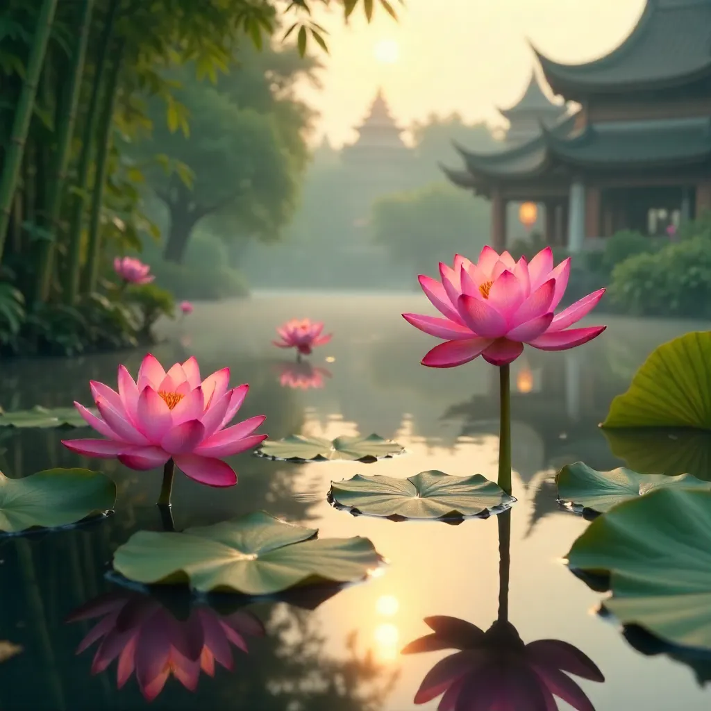 Pink Water Lilies over a Serene Hanoi Pond