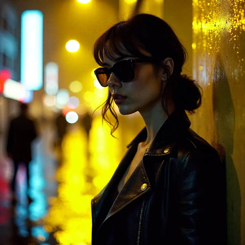 Noir Woman in Leather Under Neon Night