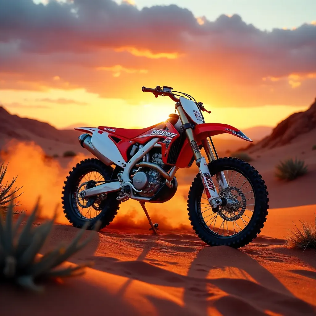 Vibrant Dirt Bike on Red Desert Sand at Sunset