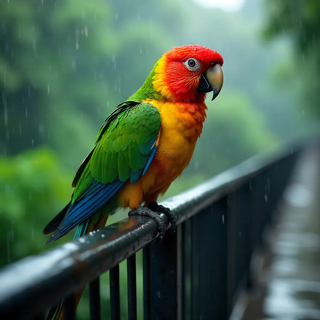 Vivid Parrot on a Rain-Kissed Railing