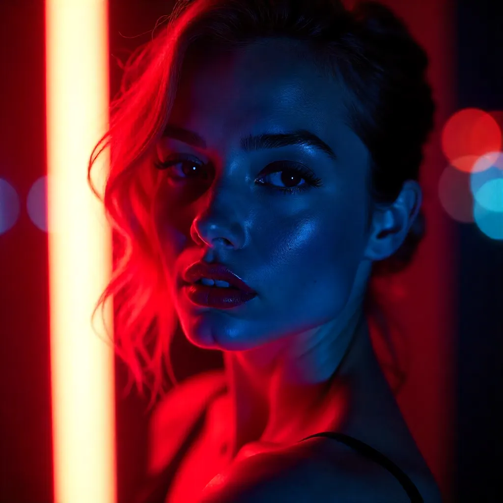 Neon Duel: Red-Blue Portrait of a Woman
