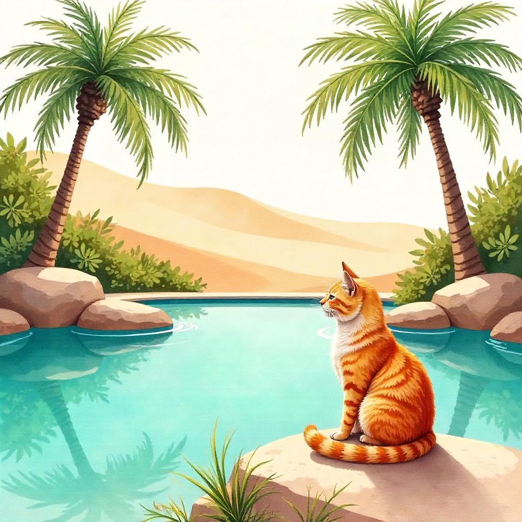 Watercolor Oasis Cat: Soft, Serene Scene