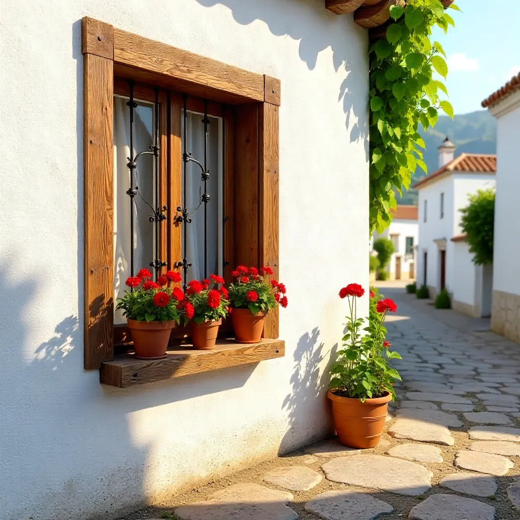 Vibrant Red Geraniums on a Frigiliana Window
