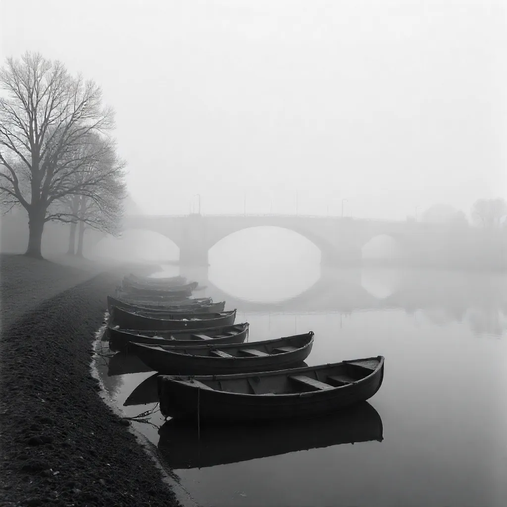 Monochrome Serenity: Boats, Fog, and Bridge