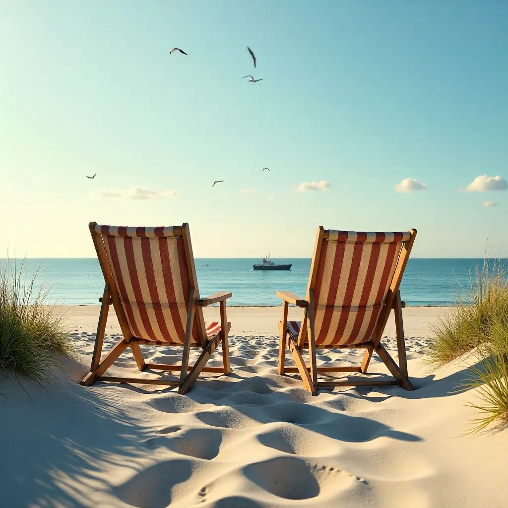 Tranquil Cuxhaven Beach with Strandkörbe and Distant Ship