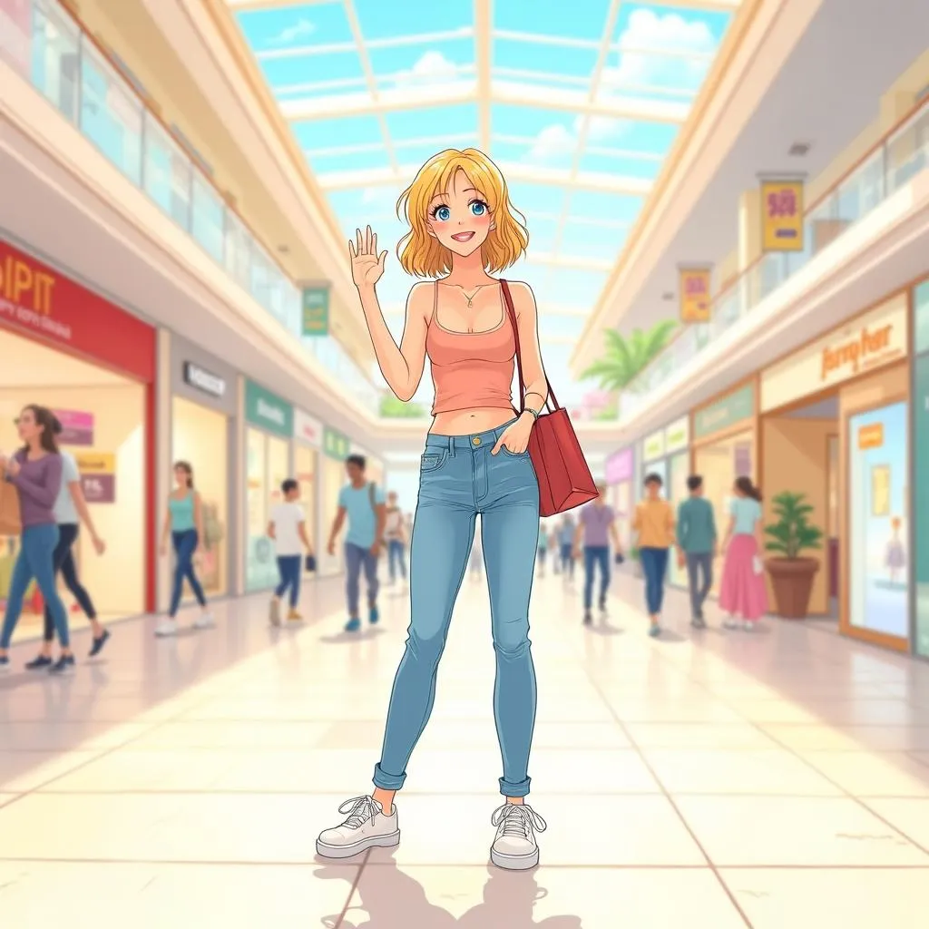 Cheerful Anime Woman in a Mall